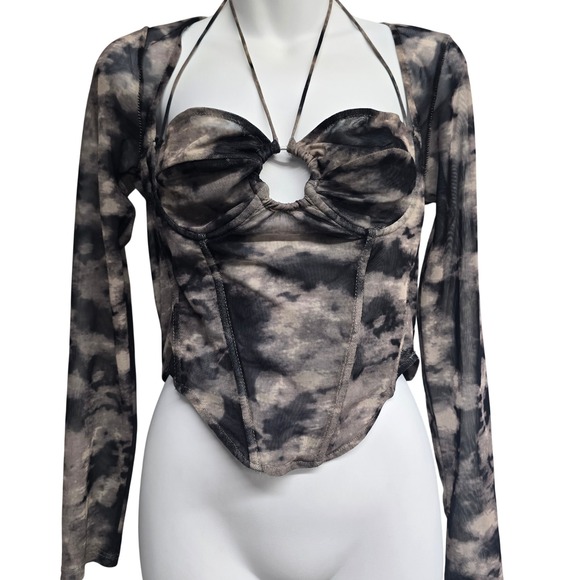 Fashion Nova Tops - Fashion Nova Grey Tie Dye Mesh Corset Top Long Sleeve Halter XL‎ Goth